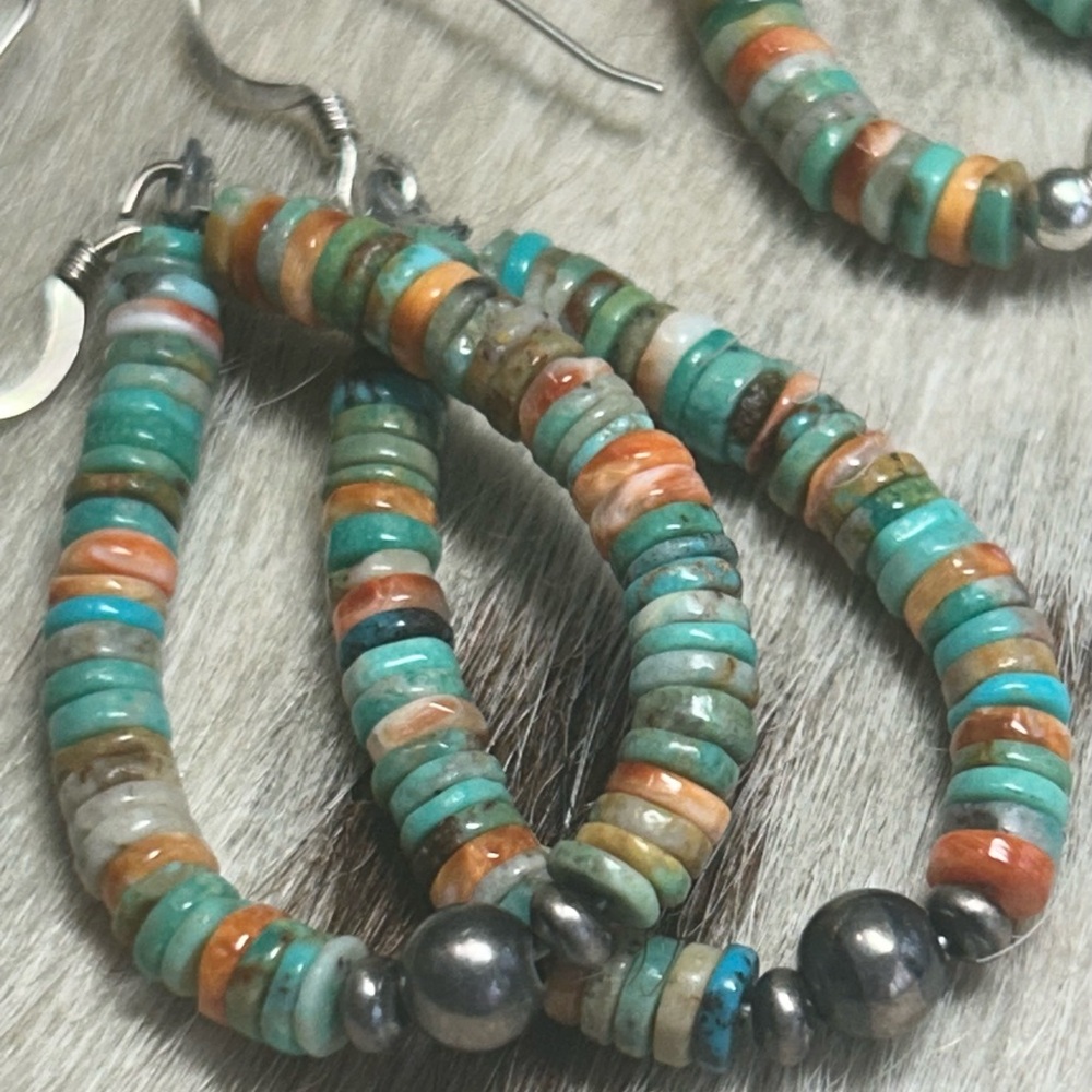 Native American Multi Colored Turquoise Heishi & SS Dangle Earrings